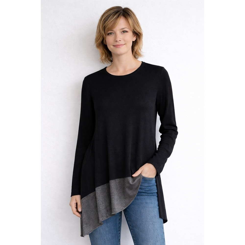 Eileen Fisher‎ Black Metallic Silver Asymmetrical Hem Tunic Sweater Large L